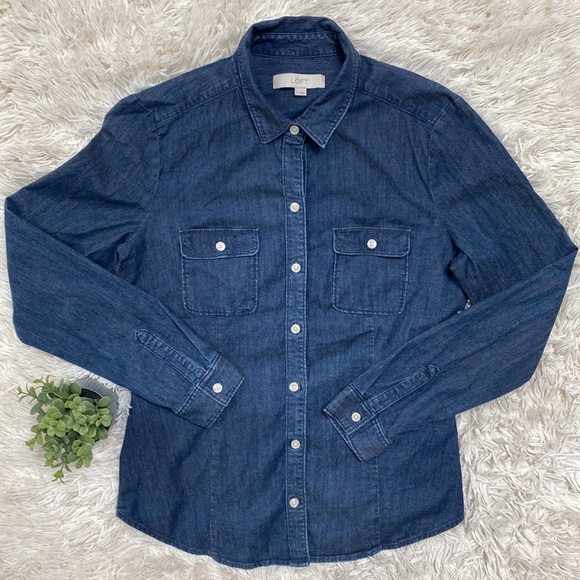 Loft Denim Button Down Shirt 💗 Dark Wash - Picture 3 of 12